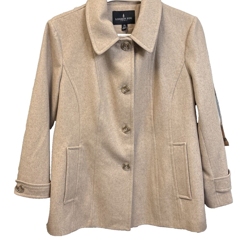 London Fog Women’s XL Wool Blend Camel Coat Button Front Mid Length 32” EUC